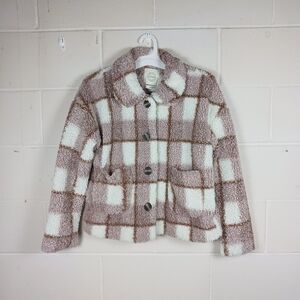 Stoosh‎ Womens Pink White Plaid Sherpa Teddy Bear Coat Jacket Size  Small